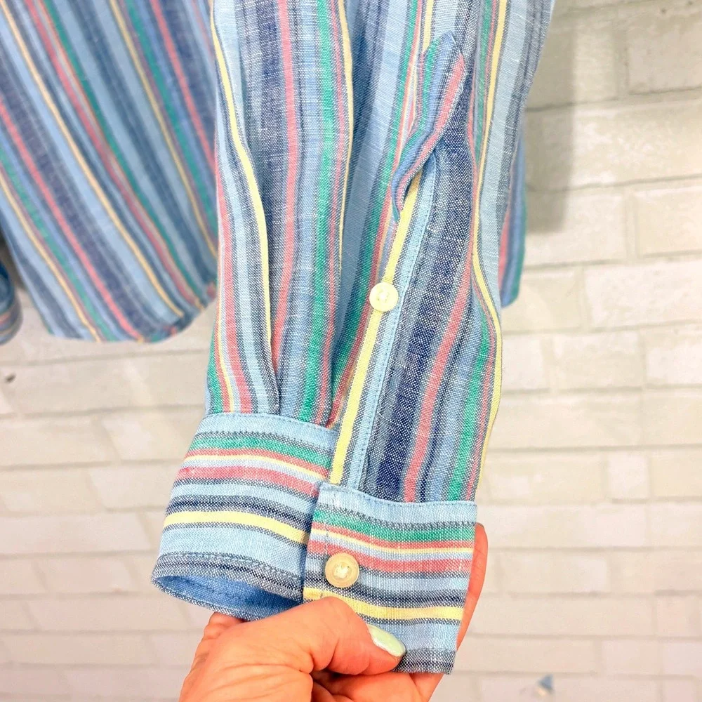 Black Brown Mens Linen Blue Striped Button Down Shirt XL Roll Tab Coastal Preppy